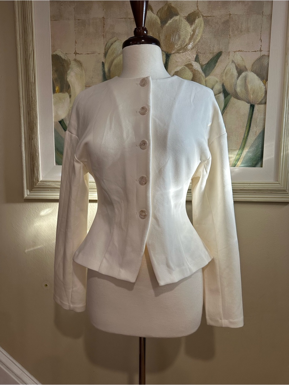 White Collarless Jacket in Cotton Blend Size Small